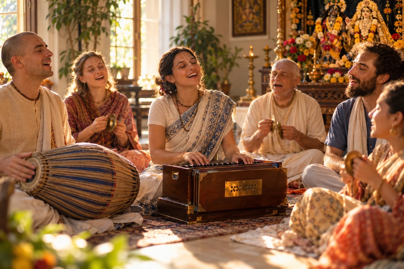 Devotos cantando kīrtan sentados en el suelo, con mṛdaṅga, armonio y karatālas
