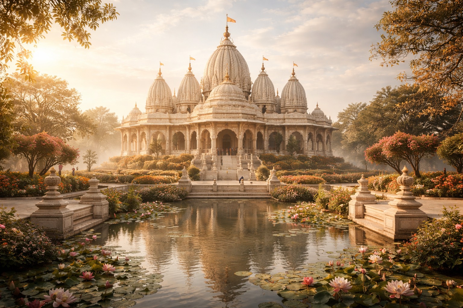A Vaishnava temple at dawn, beside a lotus pond
