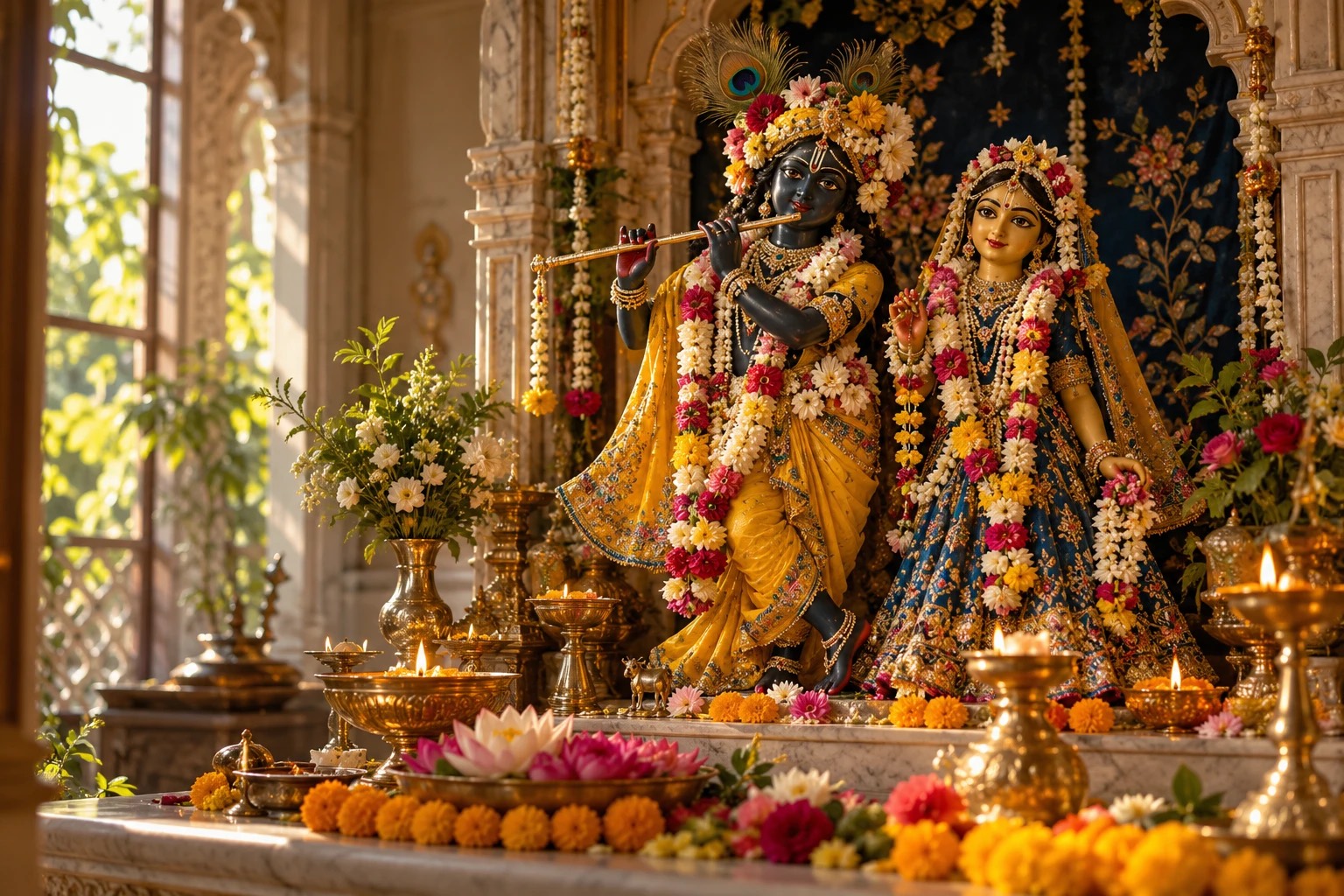 Rādhā y Krishna en el altar de un templo, con guirnaldas y lámparas encendidas
